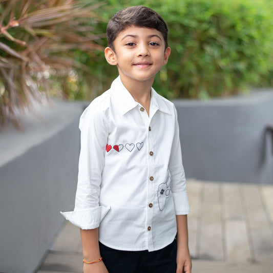 Video Game Embroidered Organic Cotton Shirt - White