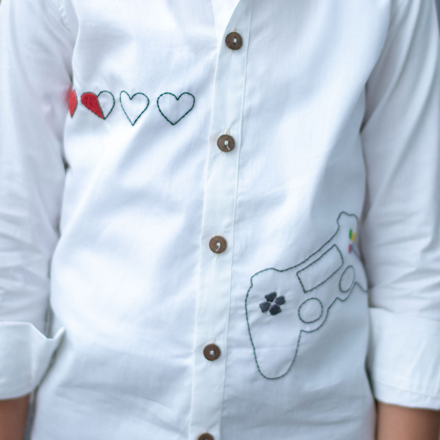 Video Game Embroidered Organic Cotton Shirt - White