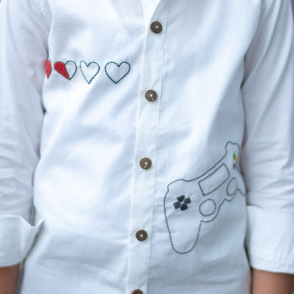 Video Game Embroidered Organic Cotton Shirt - White