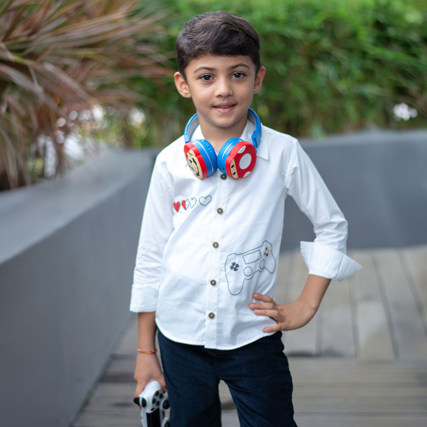 Video Game Embroidered Organic Cotton Shirt - White